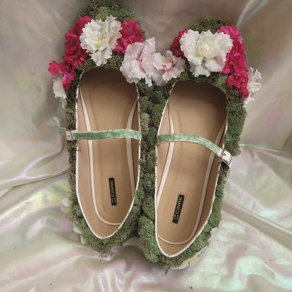 Custom One of a Kind Size 11 Topiary Moss and Flower Flat Mary Jane Shoes OOAK - Picture 4 of 11